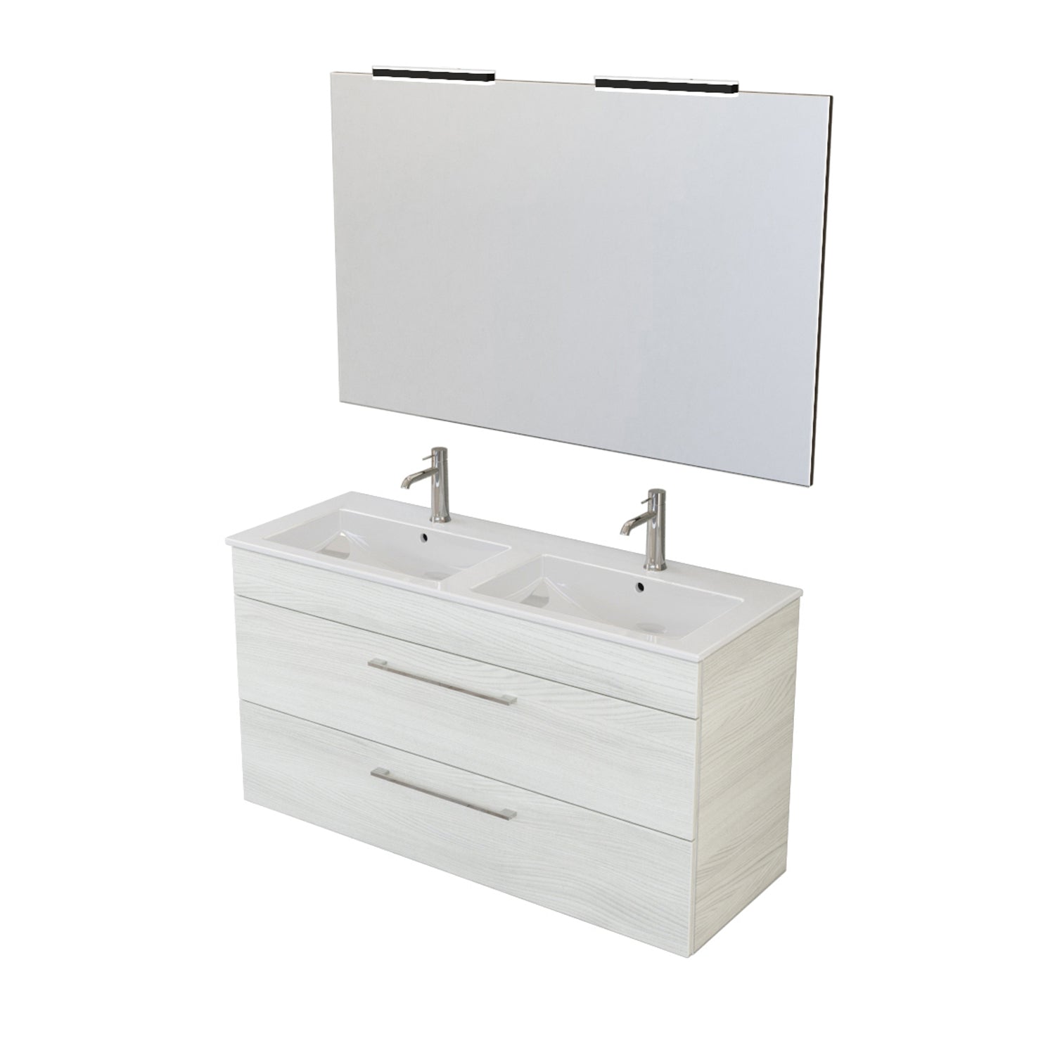 Composizione bagno sospesa Smack a 2 cassetti 118x62 con doppio lavabo, specchio con lampada LED olmo bianco by CeramicStore | Lo specialista del tuo bagno