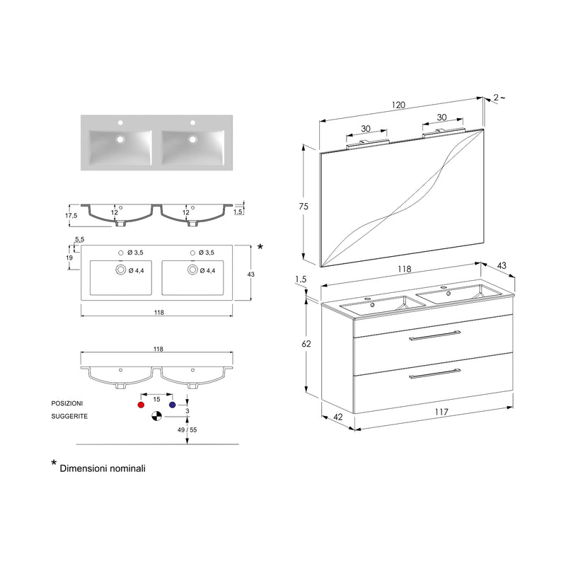 Composizione bagno sospesa Smack a 2 cassetti 118x62 con doppio lavabo, specchio con lampada LED olmo bianco by CeramicStore | Lo specialista del tuo bagno