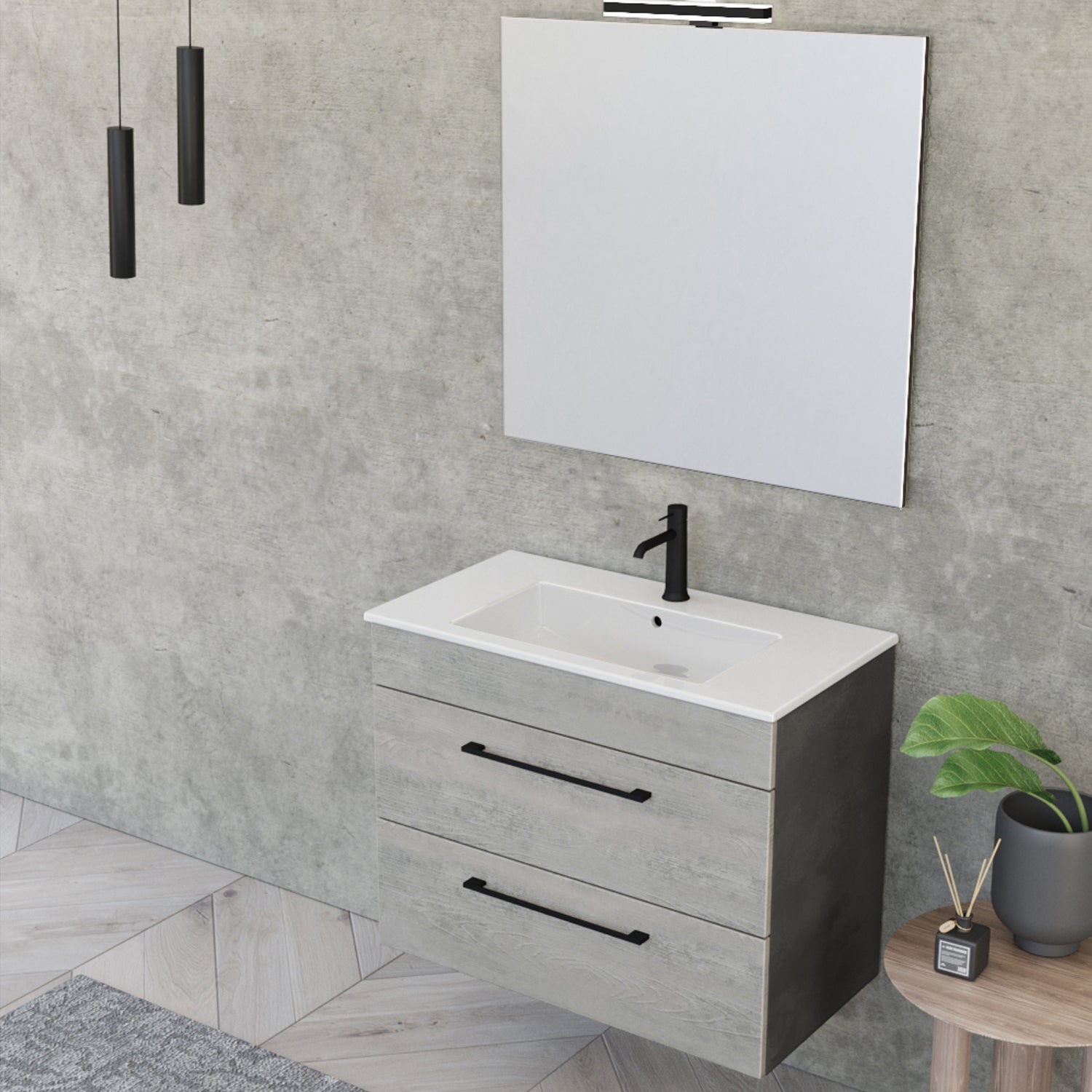 Composizione bagno sospesa Smack a 2 cassetti 80x62 con lavabo, specchio con lampada LED cement wood e cemento by CeramicStore | Lo specialista del tuo bagno