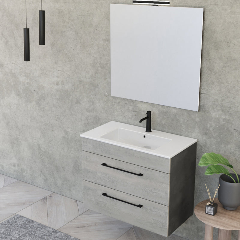 Composizione bagno sospesa Smack a 2 cassetti 80x62 con lavabo, specchio con lampada LED cement wood e cemento by CeramicStore | Lo specialista del tuo bagno
