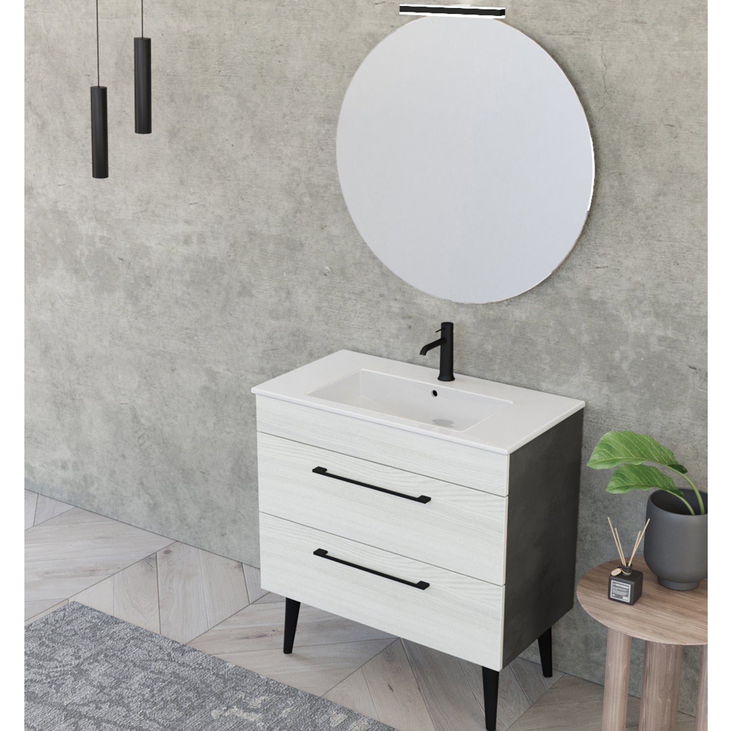Composizione bagno sospesa Smack a 2 cassetti 80x62 con lavabo, specchio con lampada LED olmo bianco e cemento by CeramicStore | Lo specialista del tuo bagno