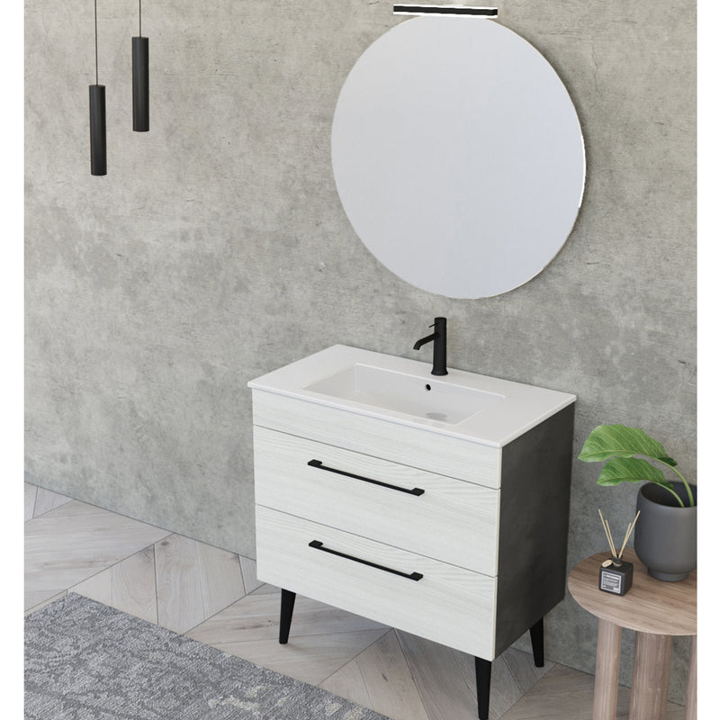 Composizione bagno sospesa Smack a 2 cassetti 80x62 con lavabo, specchio con lampada LED olmo bianco e cemento by CeramicStore | Lo specialista del tuo bagno