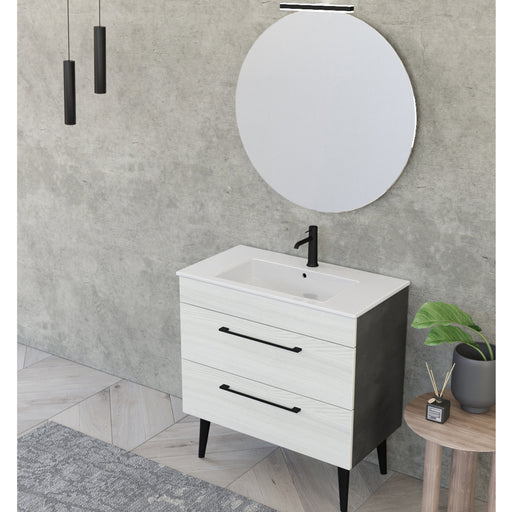 Composizione bagno sospesa Smack a 2 cassetti 80x62 con lavabo, specchio con lampada LED olmo bianco e cemento by CeramicStore | Lo specialista del tuo bagno