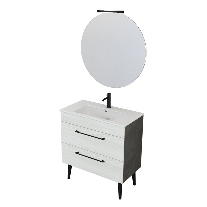 Composizione bagno sospesa Smack a 2 cassetti 80x62 con lavabo, specchio con lampada LED olmo bianco e cemento by CeramicStore | Lo specialista del tuo bagno