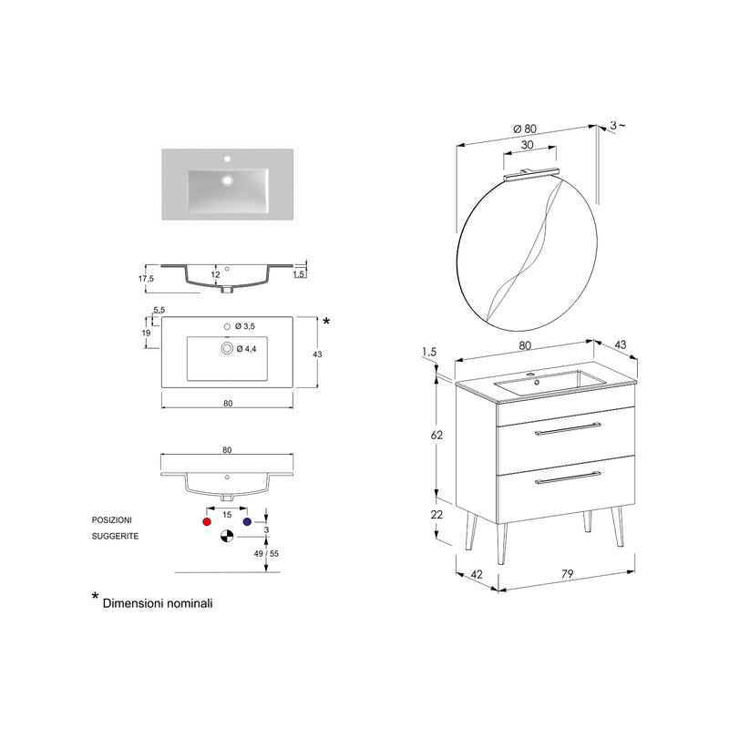 Composizione bagno sospesa Smack a 2 cassetti 80x62 con lavabo, specchio con lampada LED olmo bianco e cemento by CeramicStore | Lo specialista del tuo bagno