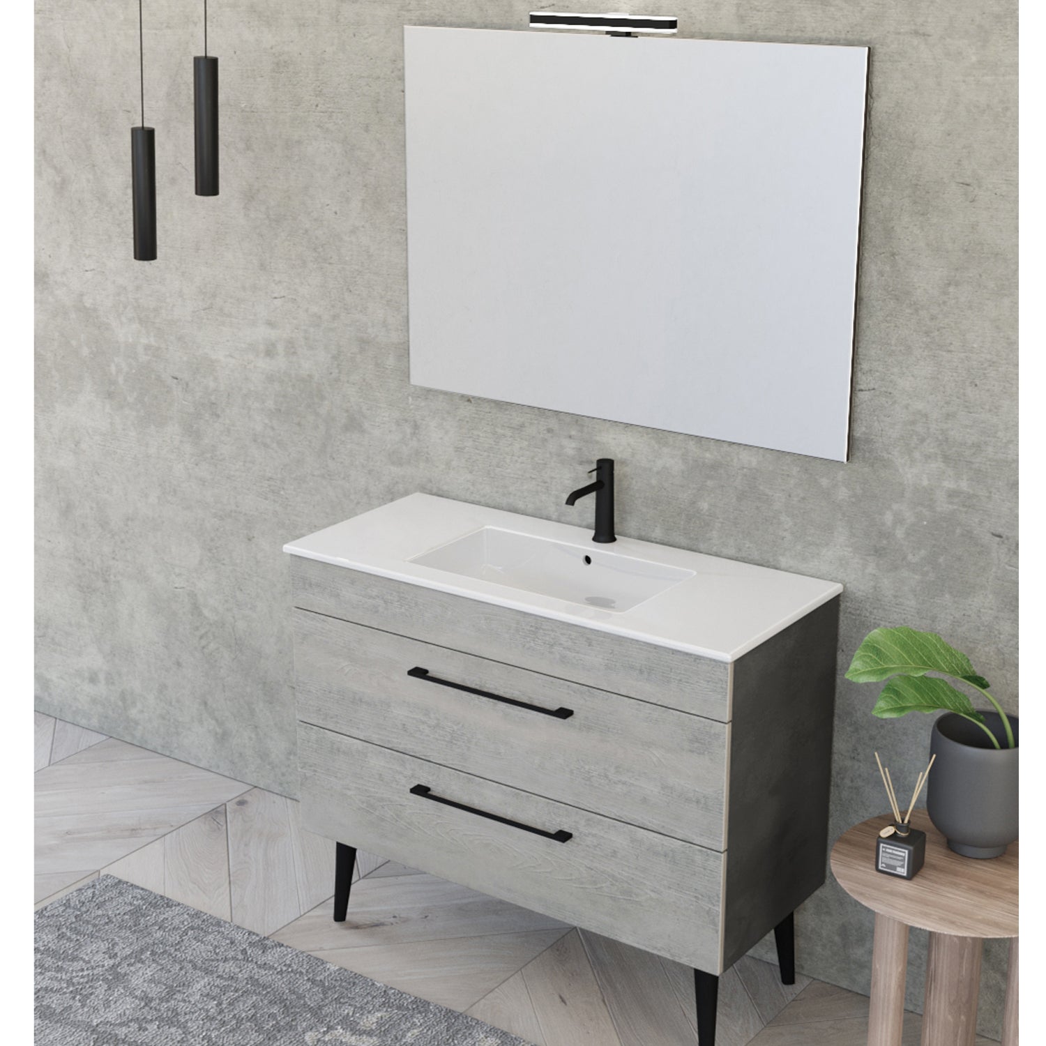 Composizione bagno sospesa Smack a 2 cassetti 100x62 con lavabo, specchio con lampada LED cement wood e cemento by CeramicStore | Lo specialista del tuo bagno