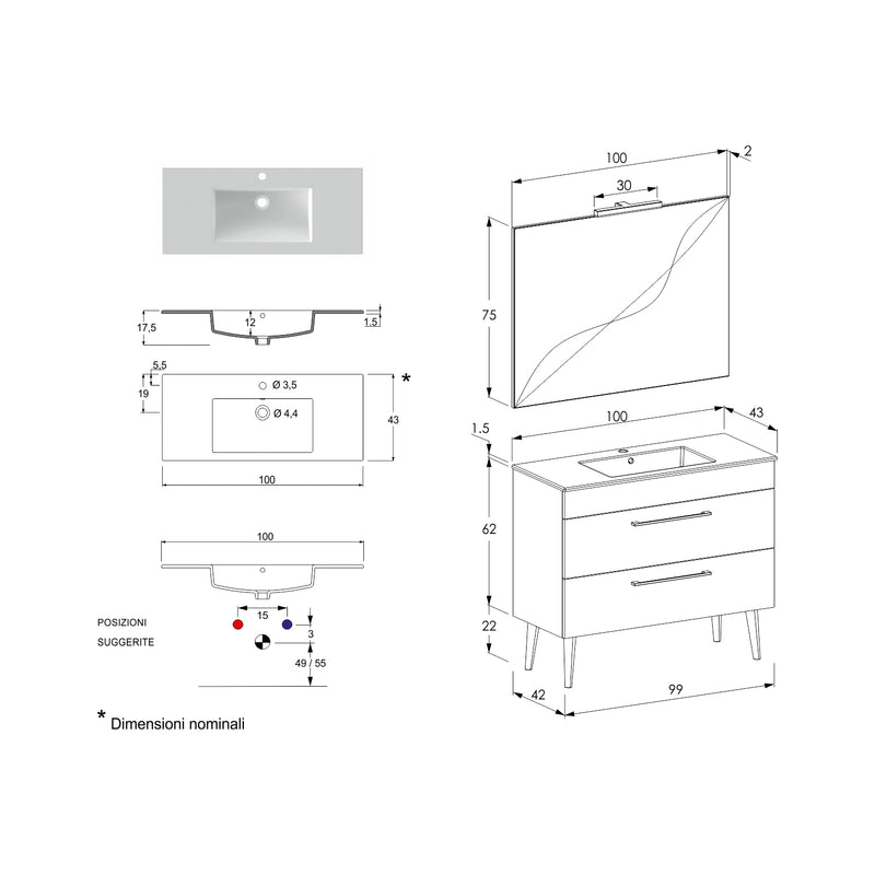 Composizione bagno sospesa Smack a 2 cassetti 100x62 con lavabo, specchio con lampada LED cement wood e cemento by CeramicStore | Lo specialista del tuo bagno