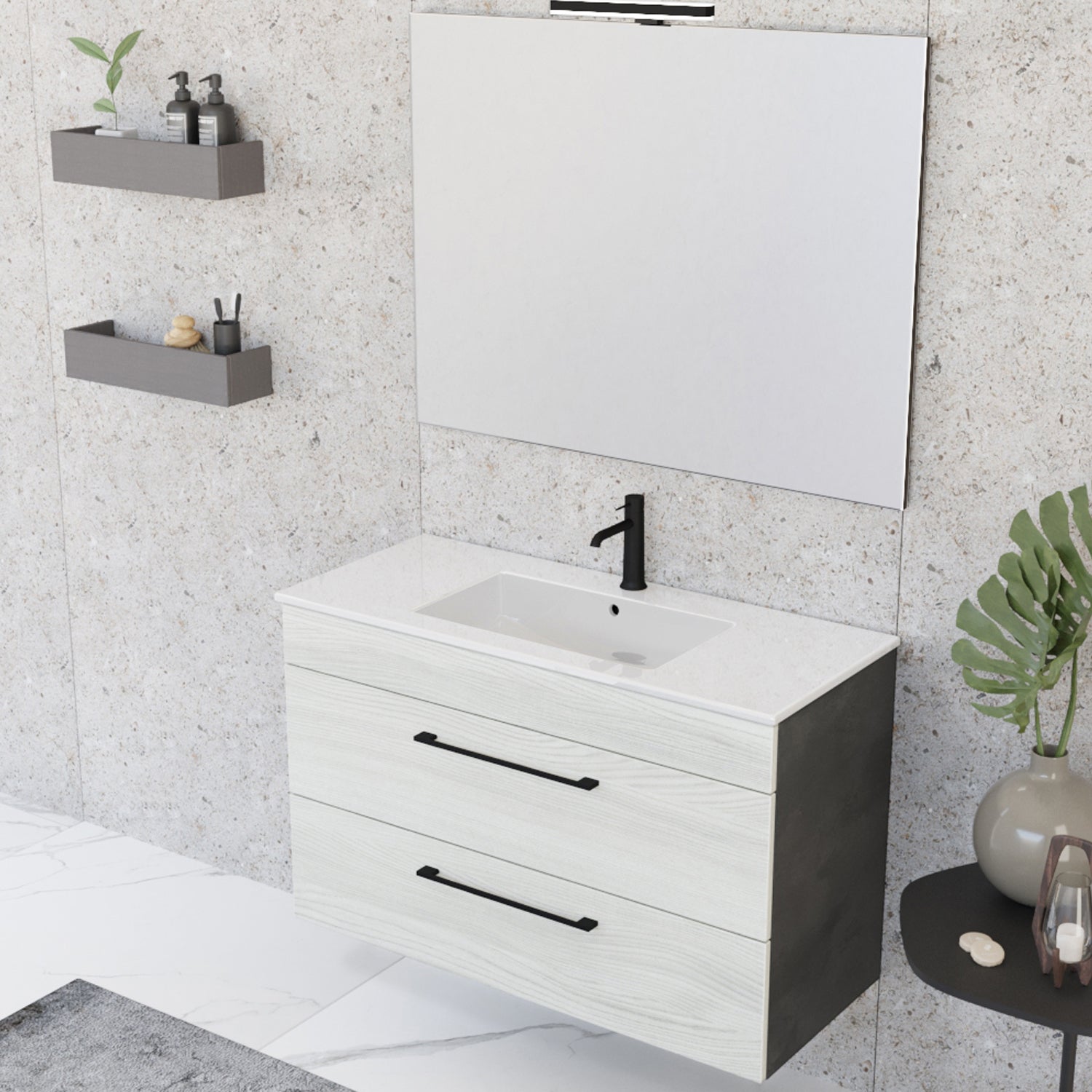 Composizione bagno sospesa Smack a 2 cassetti 100x62 con lavabo, specchio con lampada LED olmo bianco e cemento by CeramicStore | Lo specialista del tuo bagno