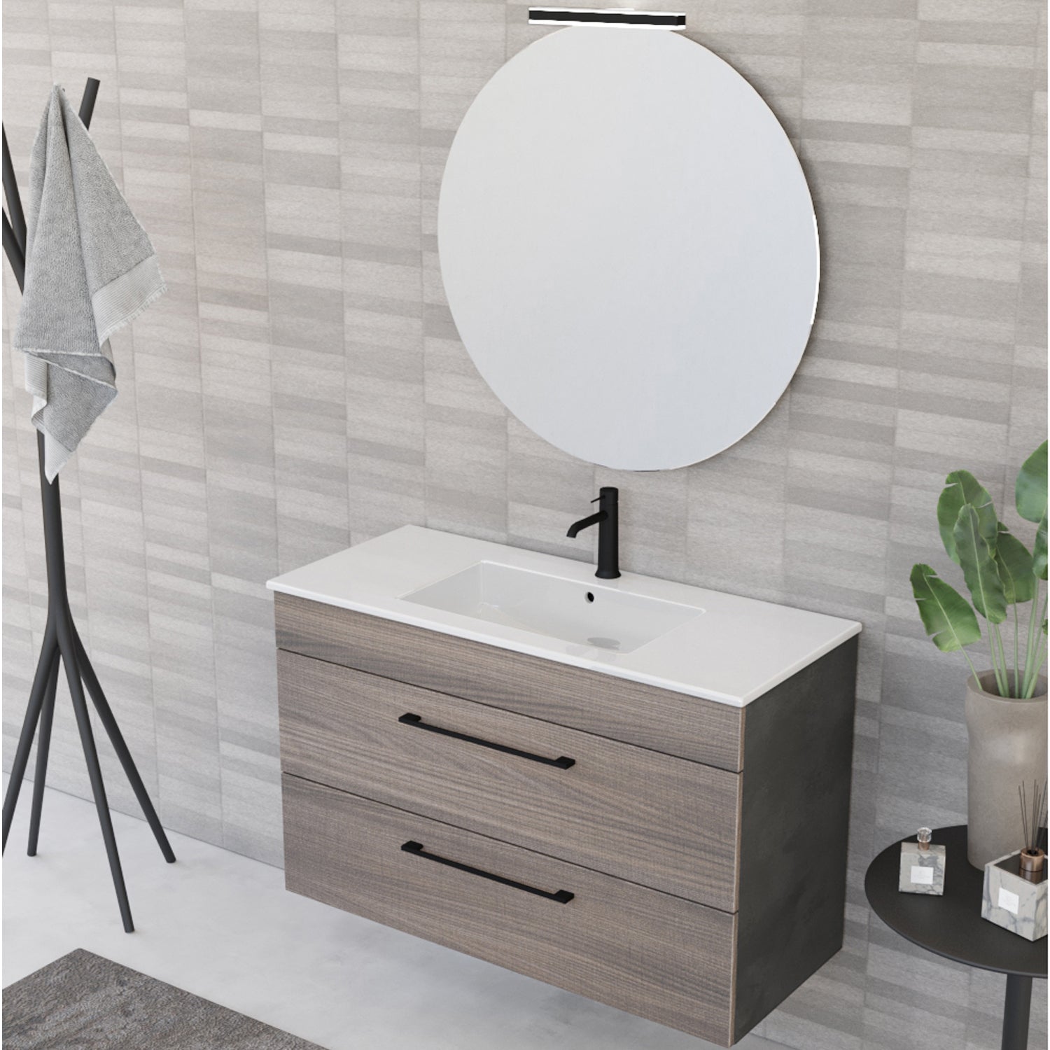 Composizione bagno sospesa Smack a 2 cassetti 100x62 con lavabo, specchio con lampada LED olmo naturale e cemento by CeramicStore | Lo specialista del tuo bagno