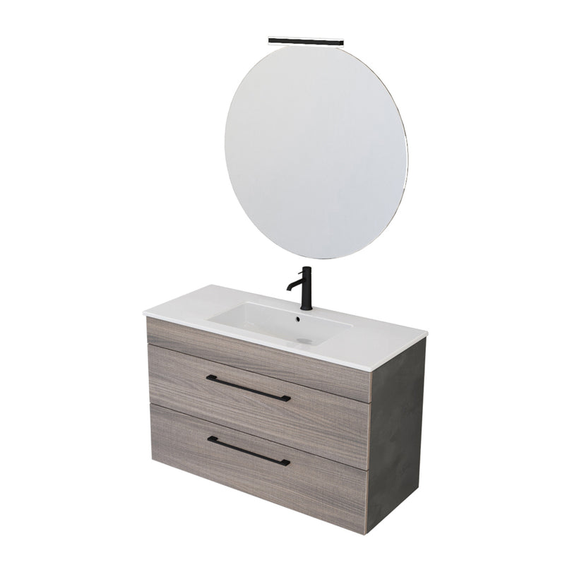 Composizione bagno sospesa Smack a 2 cassetti 100x62 con lavabo, specchio con lampada LED olmo naturale e cemento by CeramicStore | Lo specialista del tuo bagno