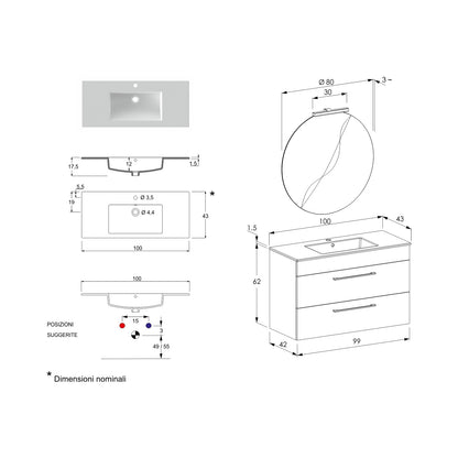 Composizione bagno sospesa Smack a 2 cassetti 100x62 con lavabo, specchio con lampada LED olmo naturale e cemento by CeramicStore | Lo specialista del tuo bagno