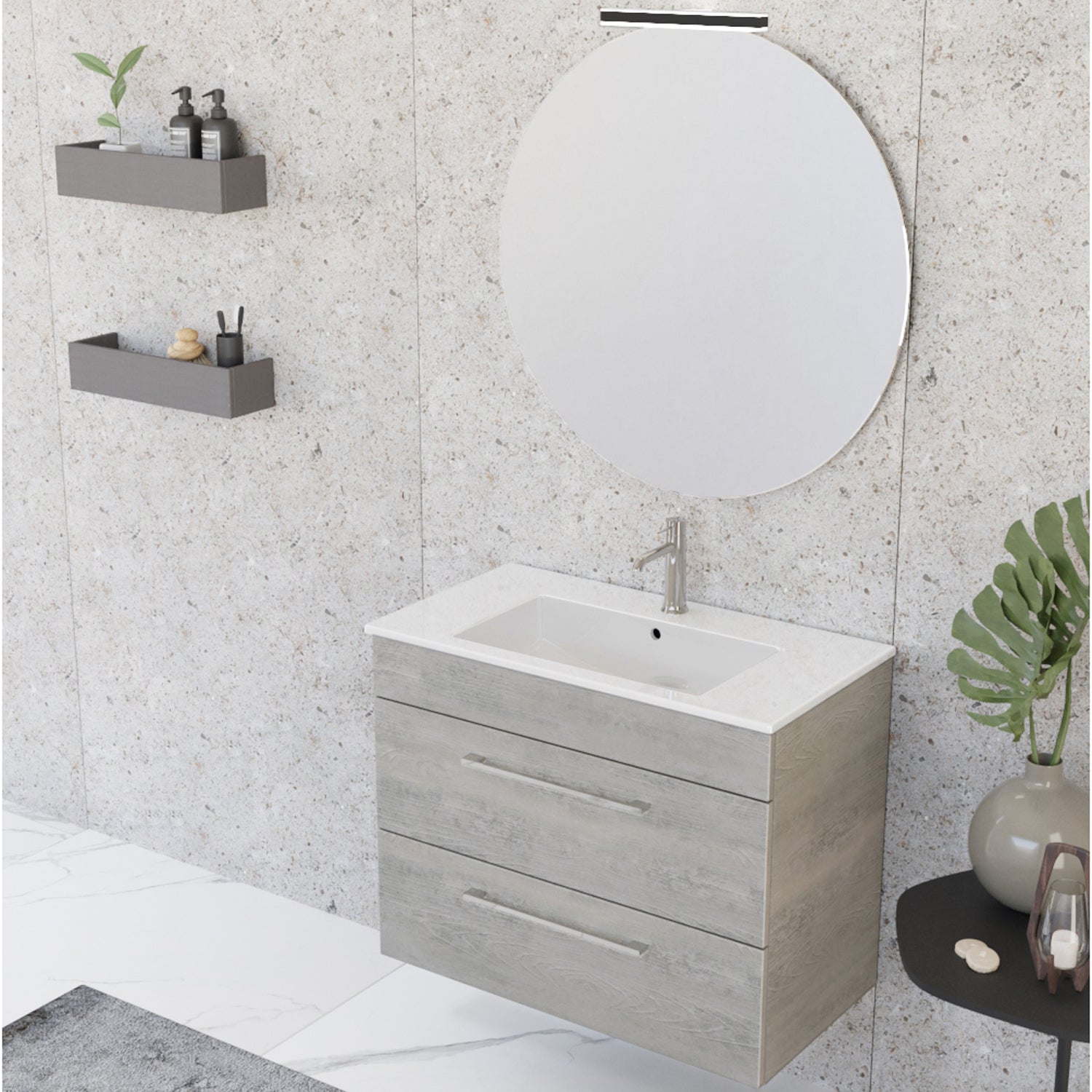 Composizione bagno sospesa Smack a 2 cassetti 80x62 con lavabo, specchio con lampada LED cement wood by CeramicStore | Lo specialista del tuo bagno