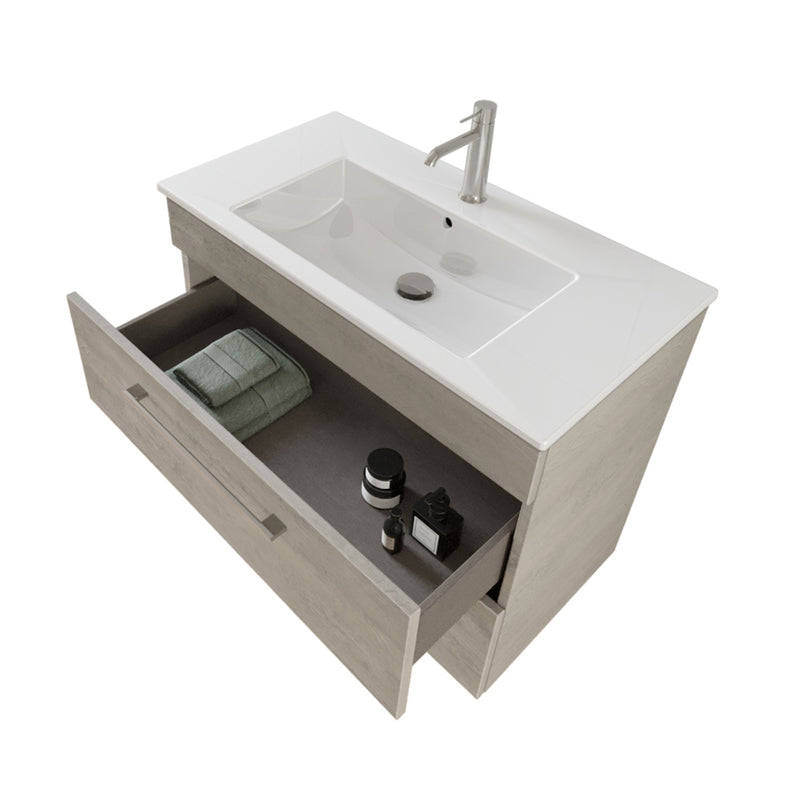 Composizione bagno sospesa Smack a 2 cassetti 80x62 con lavabo, specchio con lampada LED cement wood by CeramicStore | Lo specialista del tuo bagno
