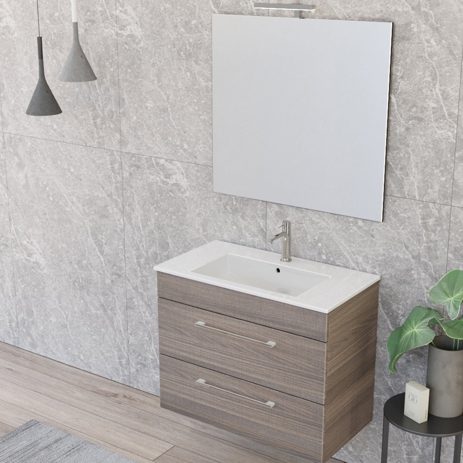 Composizione bagno sospesa Smack a 2 cassetti 80x62 con lavabo, specchio con lampada LED olmo naturale by CeramicStore | Lo specialista del tuo bagno