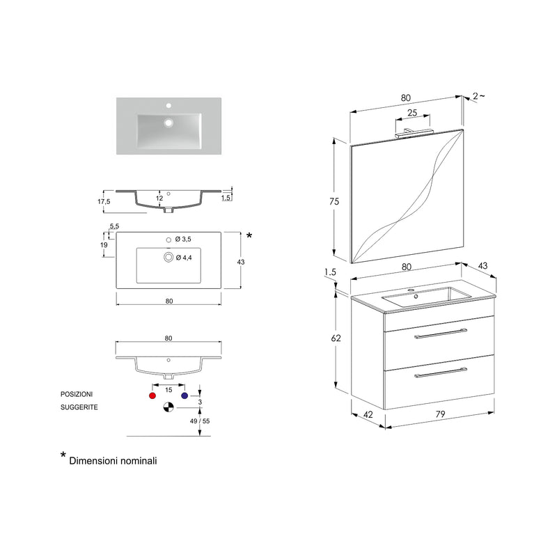 Composizione bagno sospesa Smack a 2 cassetti 80x62 con lavabo, specchio con lampada LED olmo naturale by CeramicStore | Lo specialista del tuo bagno