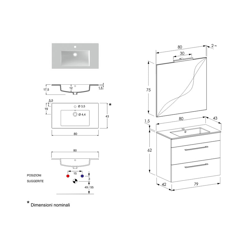 Composizione bagno sospesa Smack a 2 cassetti 80x62 con lavabo, specchio con lampada LED cement wood e cemento by CeramicStore | Lo specialista del tuo bagno