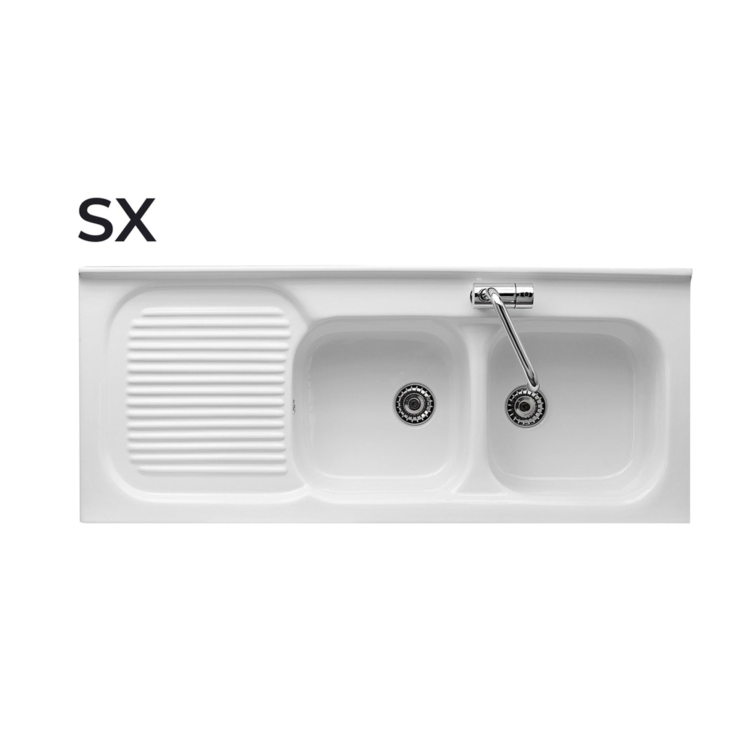 Lavello da cucina in ceramica a 2 vasche e sgocciolatoio a sinistra 122x50 cm