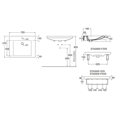 Lavabo sospeso per disabili Azzurra Thin 70x57 cm con apertura frontale e staffe fisse â€“ Bianco lucido