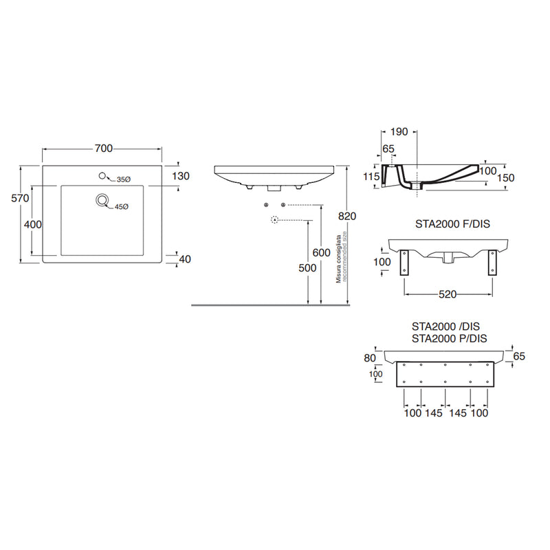 Lavabo sospeso per disabili Azzurra Thin 70x57 cm con apertura frontale e staffe fisse â€“ Bianco lucido