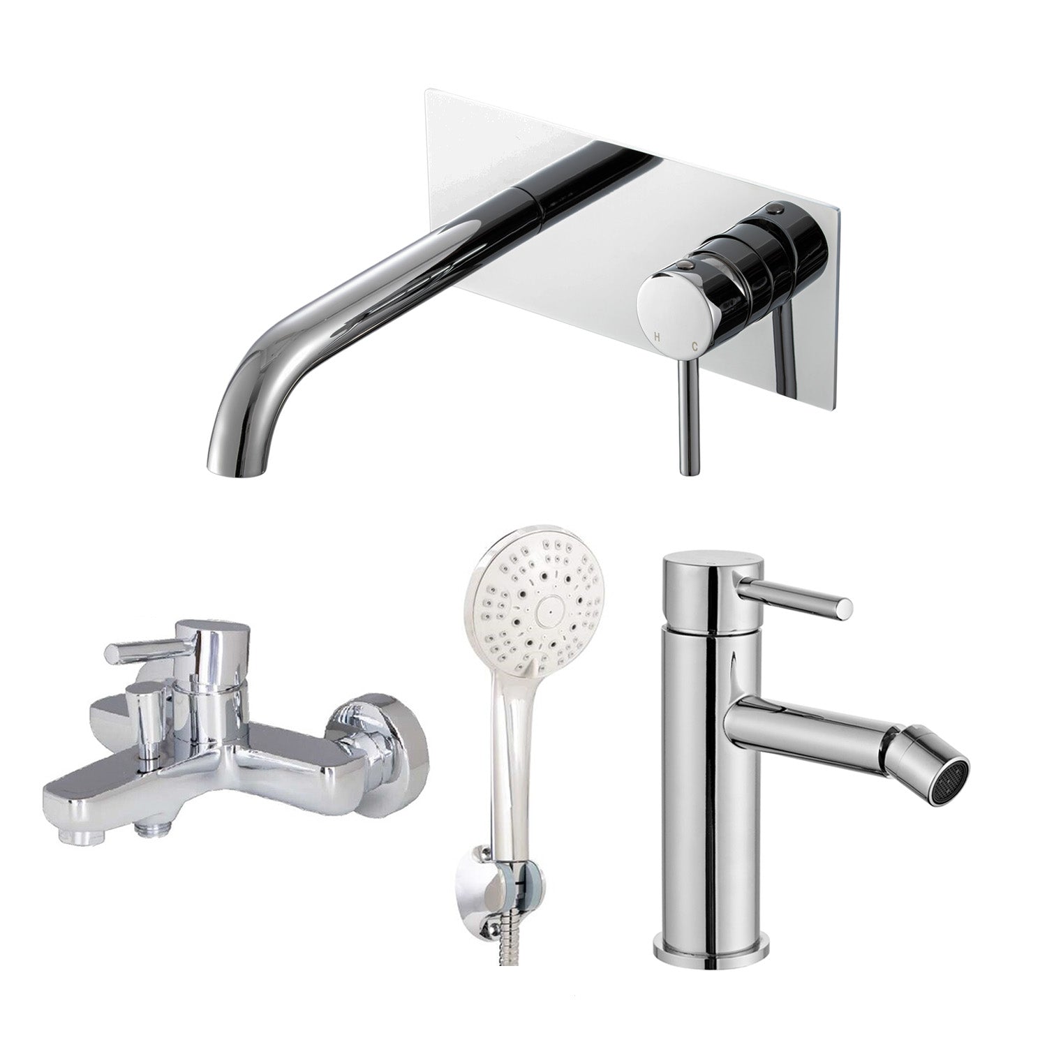Composizione di miscelatori per lavabo incasso con easy box, bidet e vasca Moon in ottone cromato by CeramicStore | Lo specialista del tuo bagno