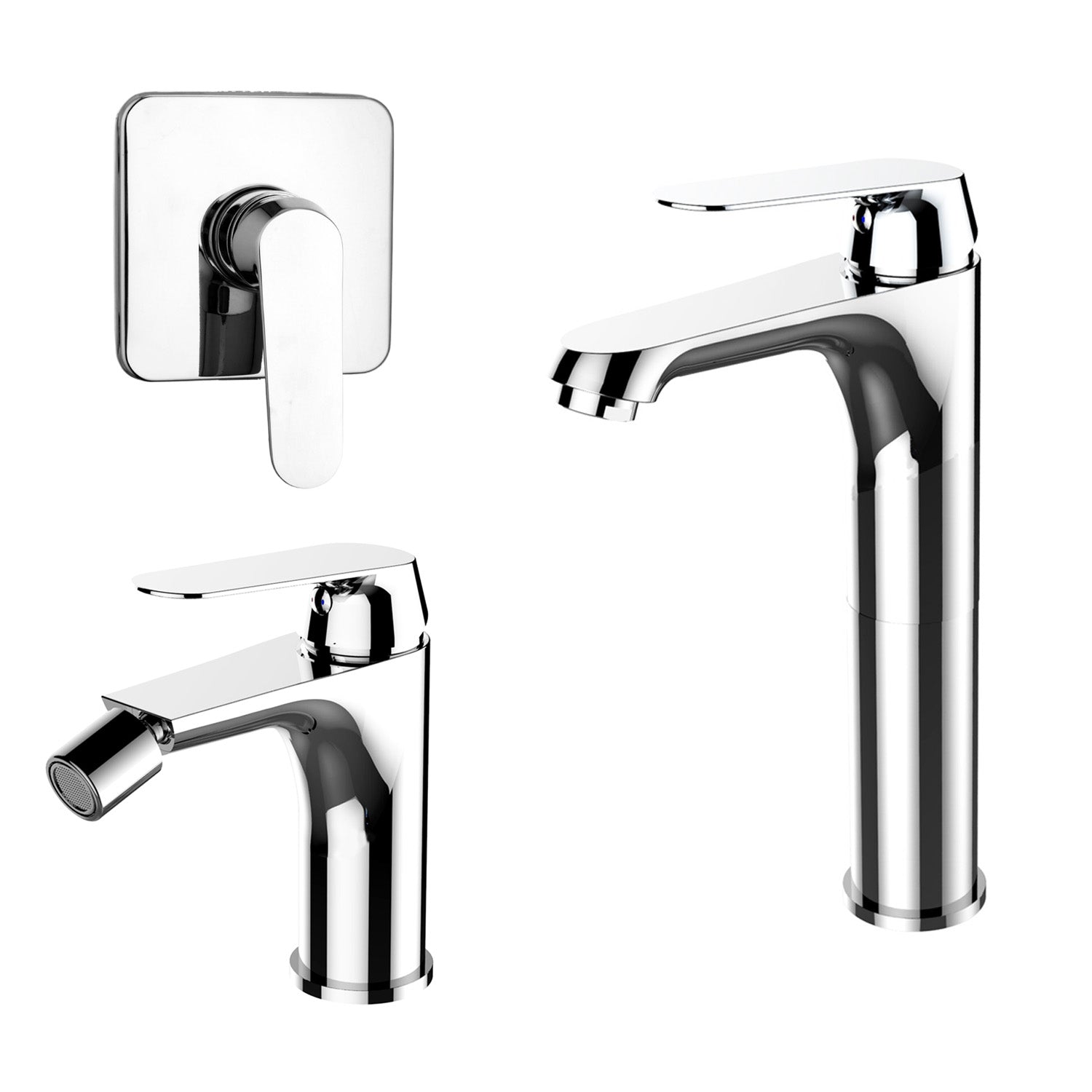 Composizione di miscelatori per lavabo alto, bidet e doccia una via quadro Echo in ottone cromato by CeramicStore | Lo specialista del tuo bagno