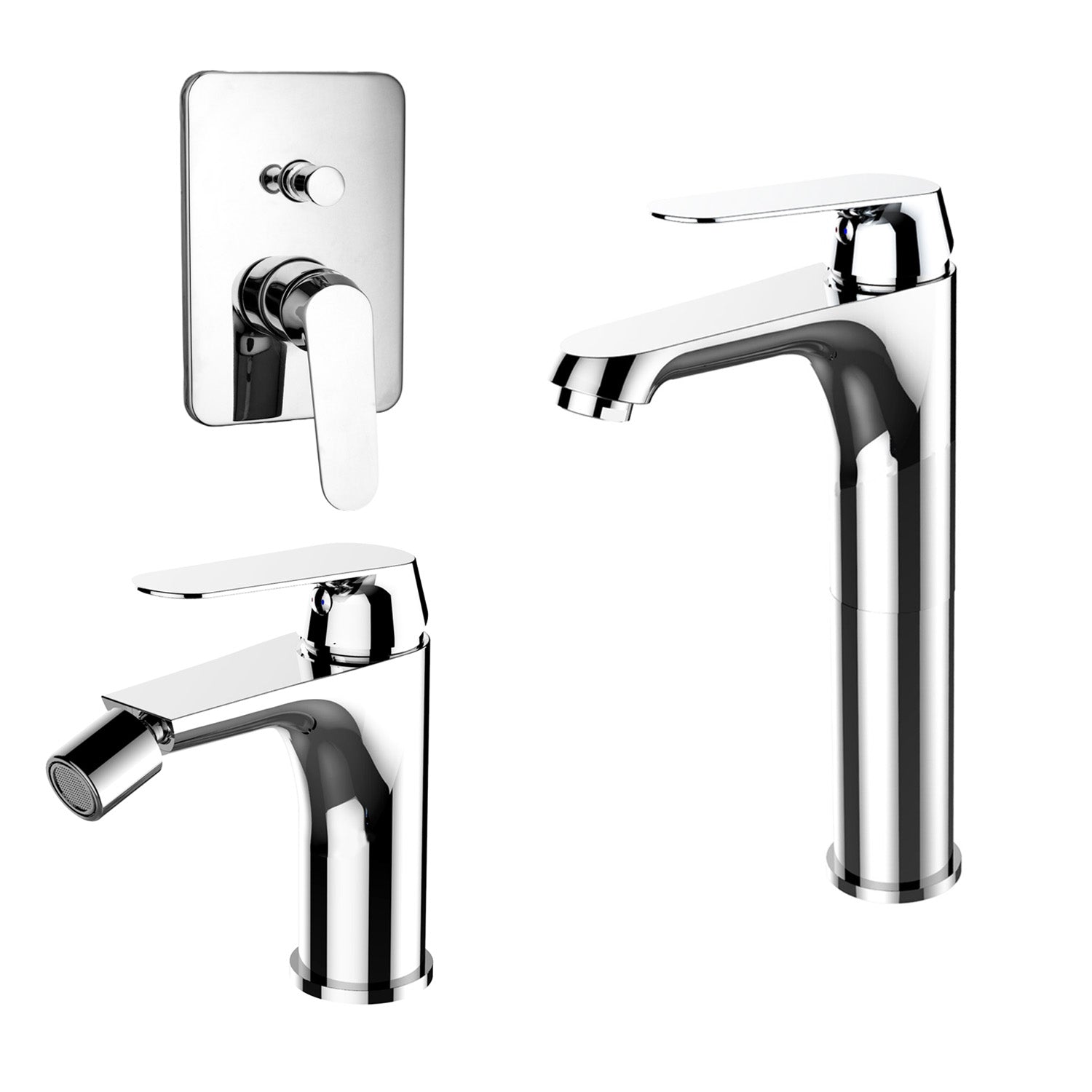 Composizione di miscelatori per lavabo alto, bidet e doccia 2 vie quadro Echo in ottone cromato by CeramicStore | Lo specialista del tuo bagno