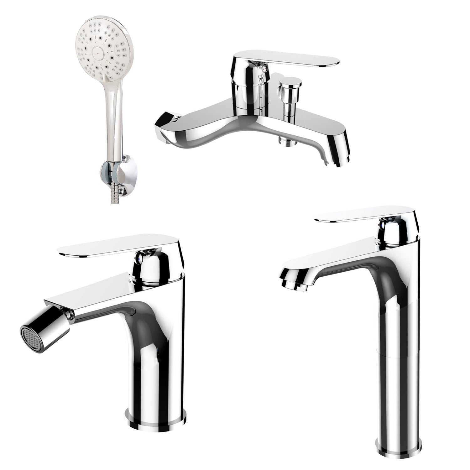 Composizione di miscelatori per lavabo alto, bidet e vasca Echo in ottone cromato by CeramicStore | Lo specialista del tuo bagno