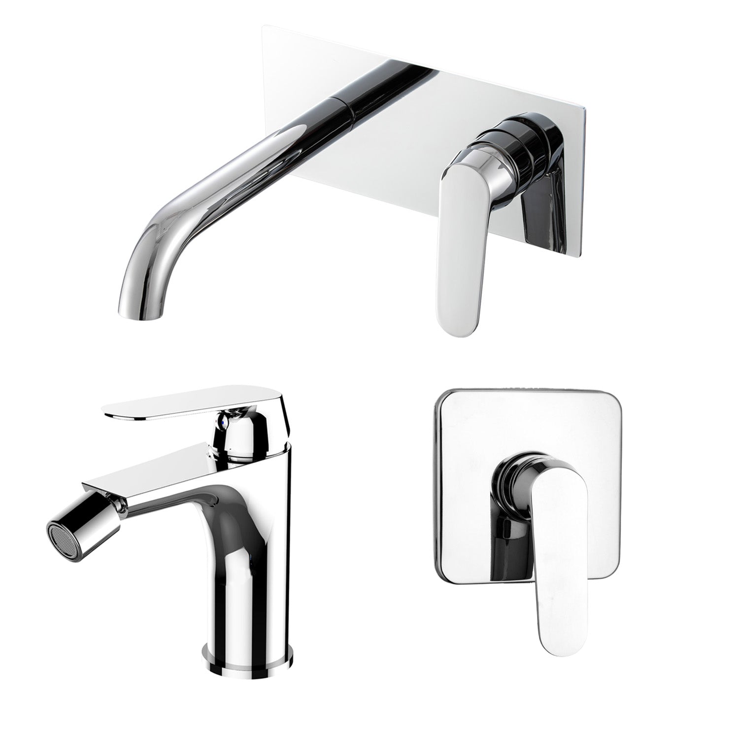 Composizione di miscelatori per lavabo easy box, bidet e doccia una via quadro Echo in ottone cromato by CeramicStore | Lo specialista del tuo bagno