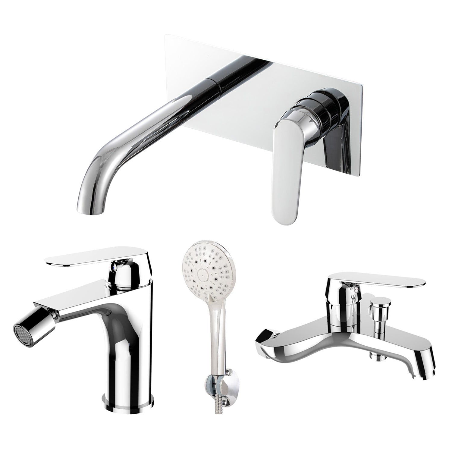 Composizione di miscelatori per lavabo easy box, bidet e vasca Echo in ottone cromato by CeramicStore | Lo specialista del tuo bagno