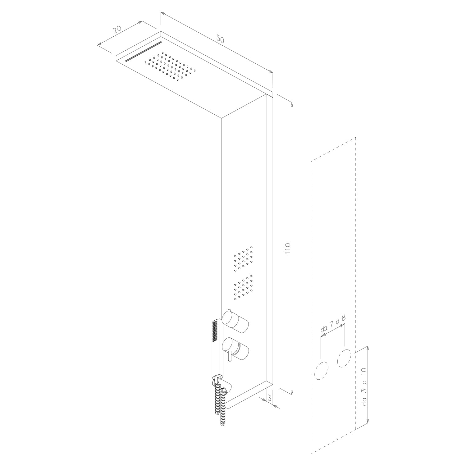 Pannello doccia Style in acciaio inox lucido a 4 funzioni, soffione, cascata, doccino e getti orizzontali by CeramicStore | Lo specialista del tuo bagno