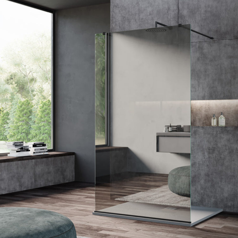 Parete doccia Walk In cm 120 in cristallo temperato specchiato 8mm collezione Beauty Black Mirror con profili neri by CeramicStore | Lo specialista del tuo bagno