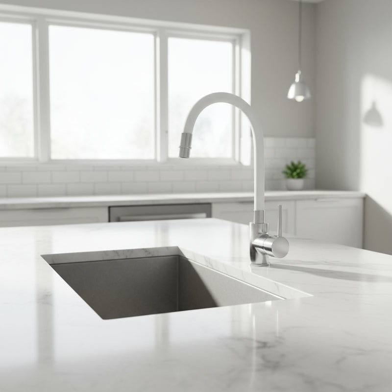 Miscelatore cucina in ottone cromato con canna snodata bianca Keller Taps by CeramicStore | Lo specialista del tuo bagno