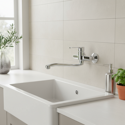 Miscelatore monocomando lavello a muro con canna girevole RubiFlux serie Margaret - Cromo