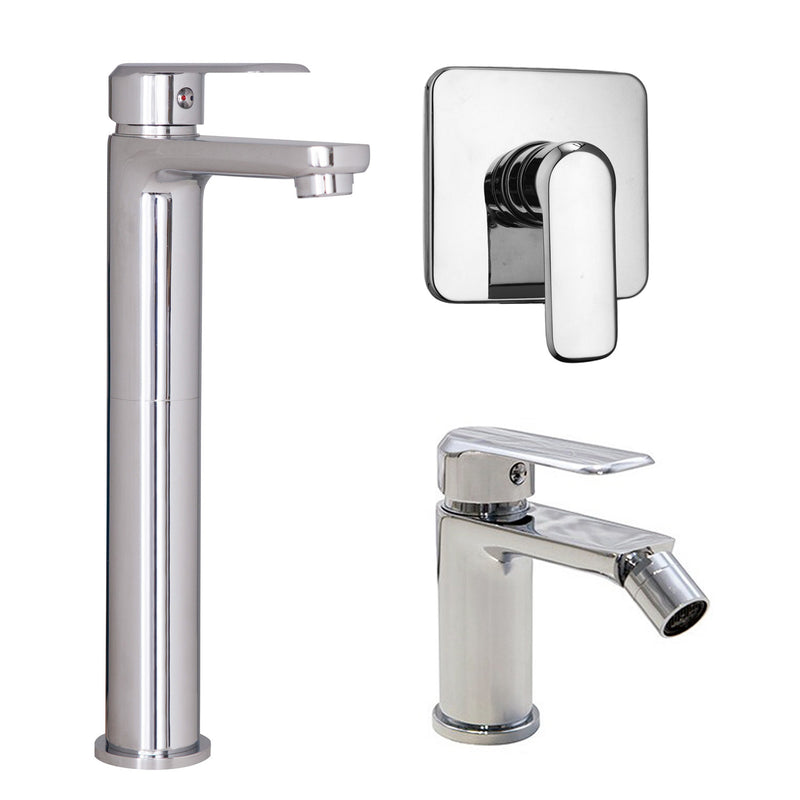 Composizione di miscelatori per lavabo alto, bidet e doccia una via quadro Hopper in ottone cromato by CeramicStore | Lo specialista del tuo bagno