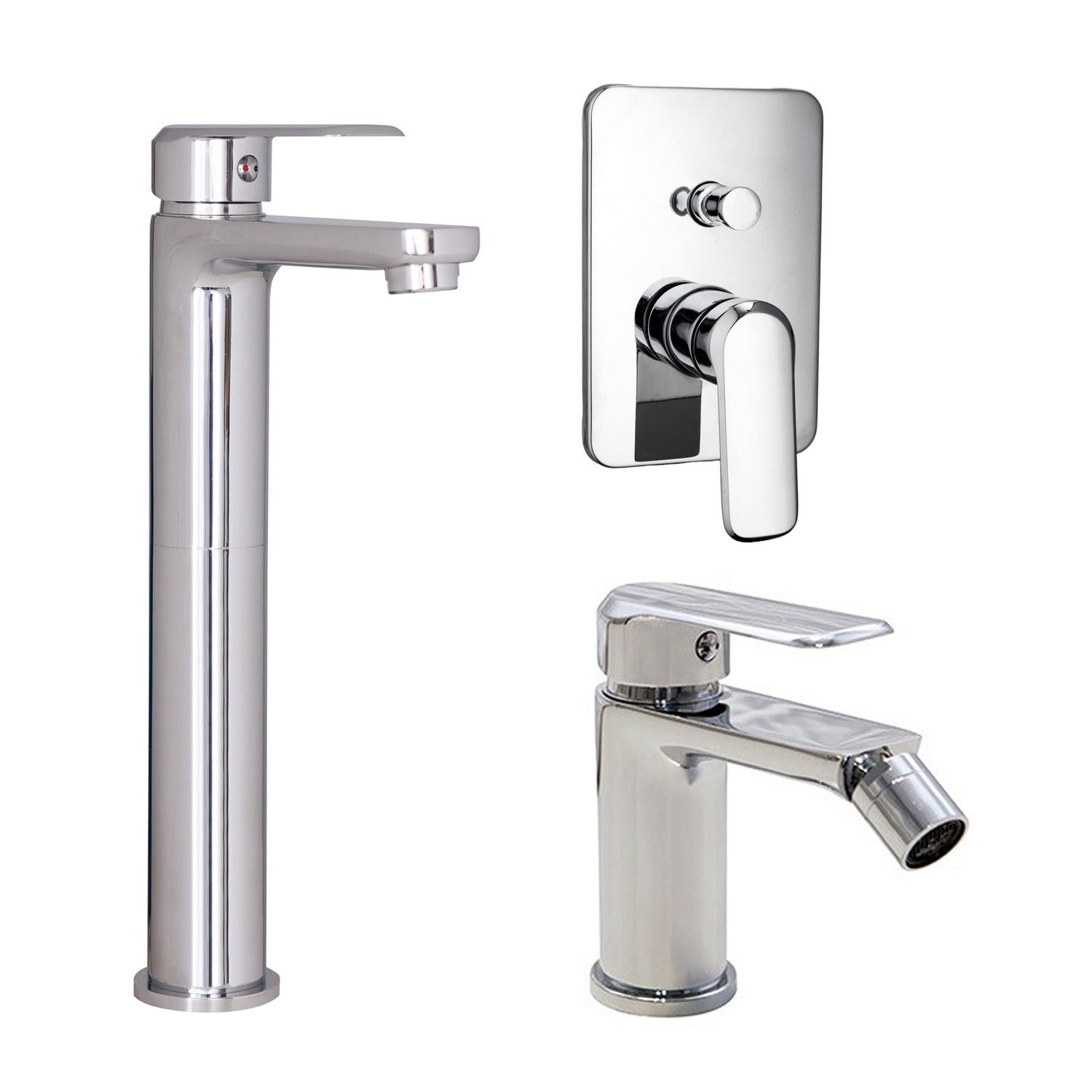 Composizione di miscelatori per lavabo alto, bidet e doccia 2 vie quadro Hopper in ottone cromato by CeramicStore | Lo specialista del tuo bagno