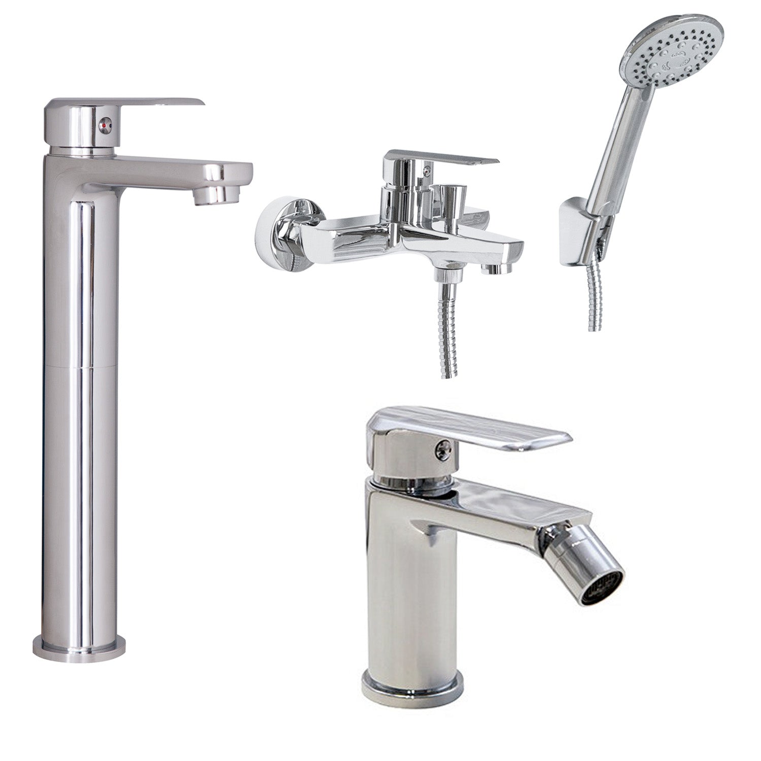 Composizione di miscelatori per lavabo alto, bidet e vasca Hopper in ottone cromato by CeramicStore | Lo specialista del tuo bagno