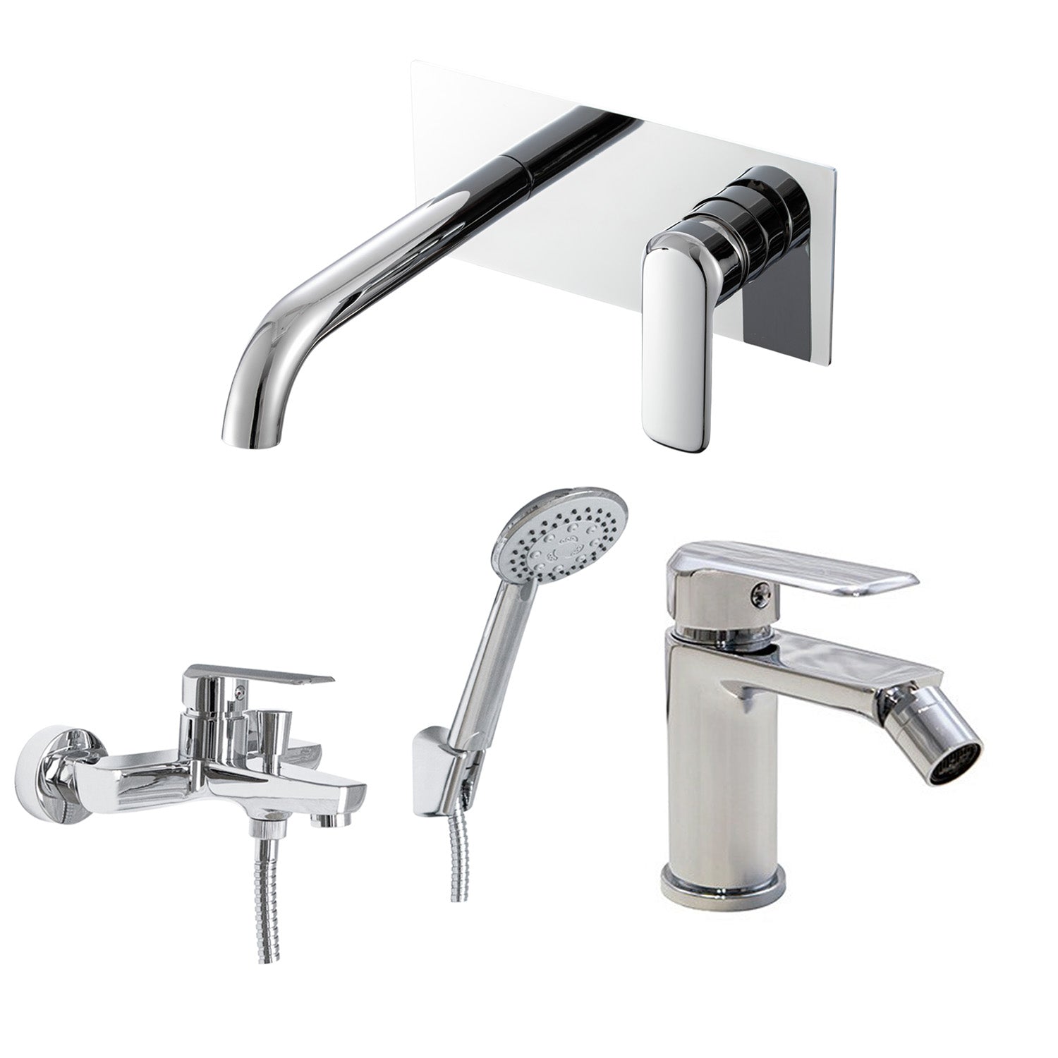 Composizione di miscelatori per lavabo incasso easy box, bidet e vasca Hopper in ottone cromato by CeramicStore | Lo specialista del tuo bagno