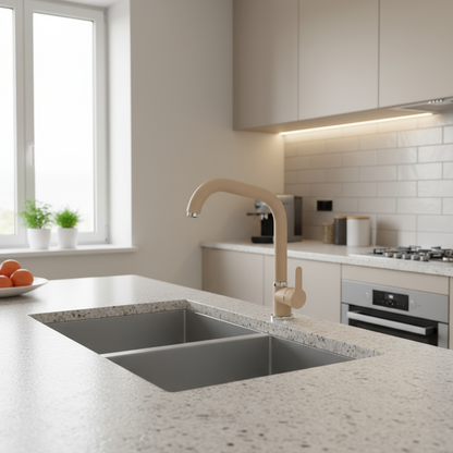 Einhand-Spültischarmatur mit Brückenrohr Modell Cesio aus Messing Granit Hafer