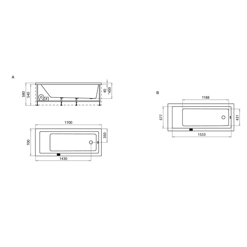 Guscio vasca rettangolare 70x170 H60  senza pannelli in vetroresina bianca