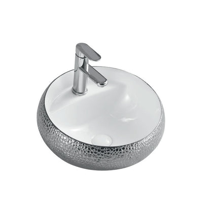 Lavabo da appoggio in ceramica Effetto Metal Luxury diametro 43 cm esterno Argento e interno Bianco lucido Althea NEK con piletta inclusa