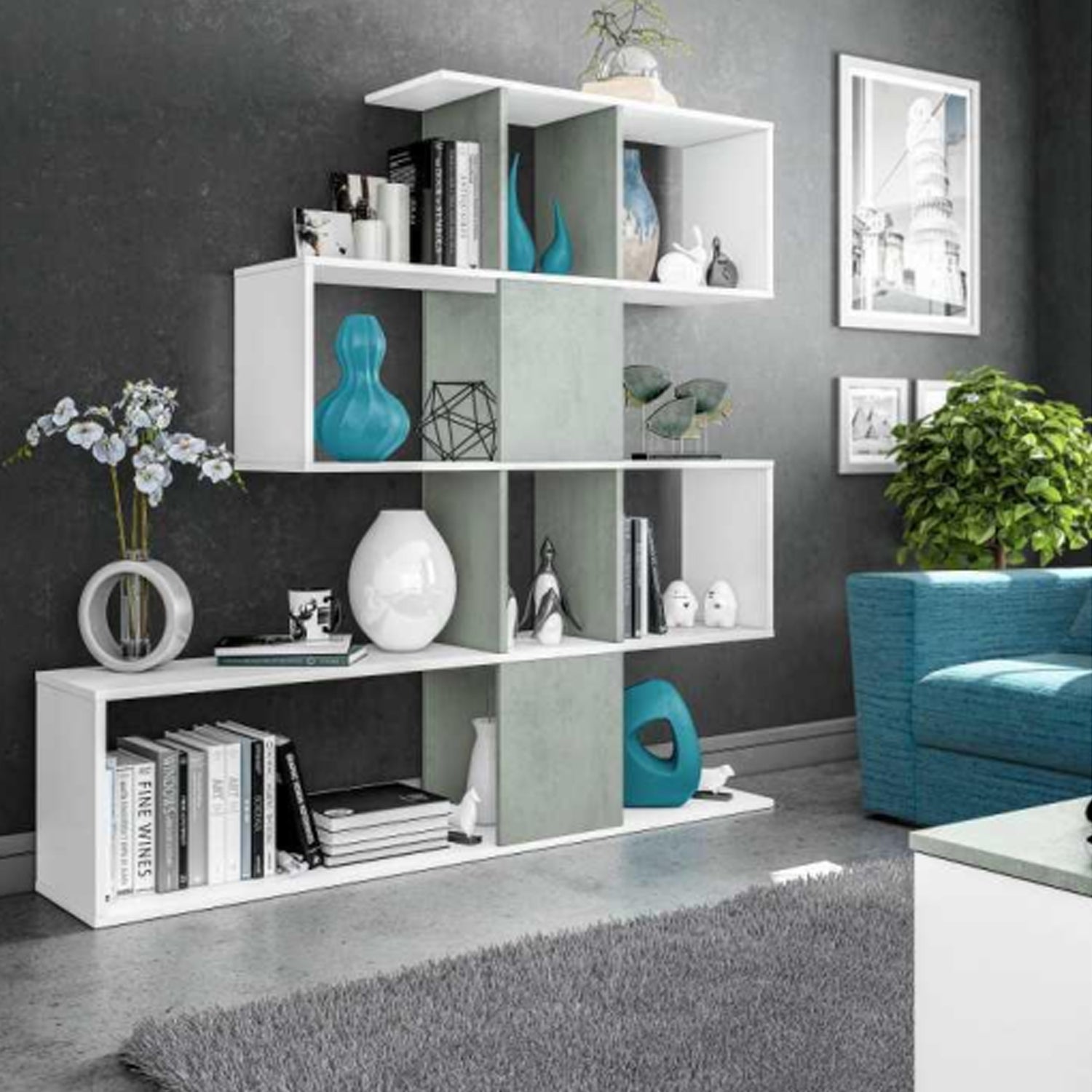 Libreria serie Zig Zag con 4 ripiani 145 x 29 x H. 145 cm - Bianco Artik e Cemento by CeramicStore | Lo specialista del tuo bagno