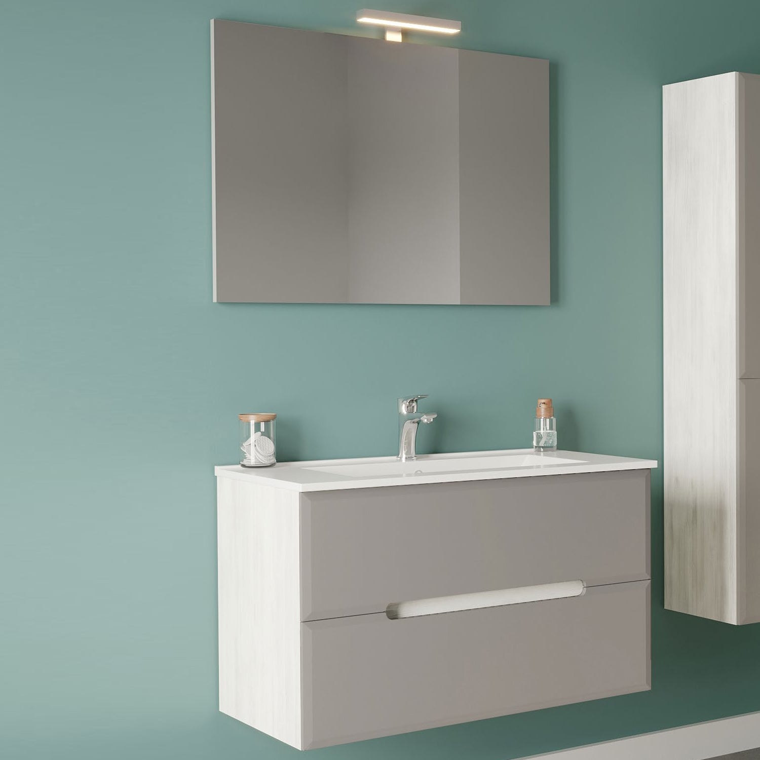 Mobile bagno a due cassetti con lavabo in ceramica specchio e lampada cm 80 Tortora Chiaro- Cubi&Co modello Fluid 2 by CeramicStore | Lo specialista del tuo bagno