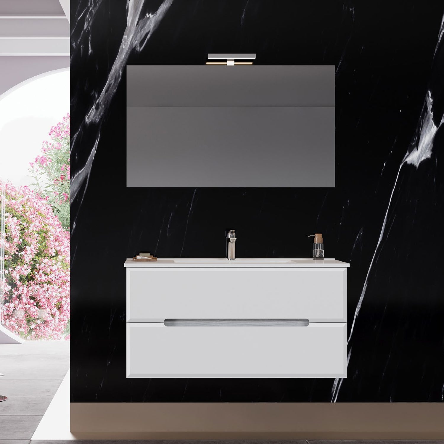 Mobile bagno a due cassetti con lavabo in ceramica specchio e lampada cm 100 Bianco Opaco - Cubi&Co modello Fluid 3 by CeramicStore | Lo specialista del tuo bagno