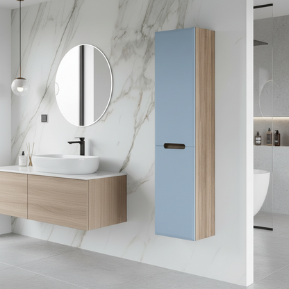 Colonna bagno a due ante color Blu pastello Opaco e Rovere Fumo - Fluid