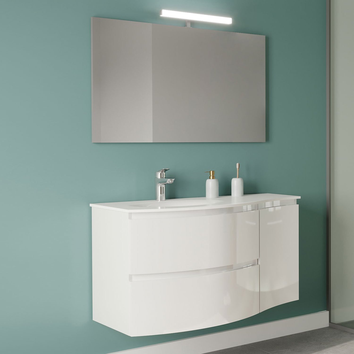 Mobile bagno a due cassetti e 1 anta con lavabo in resina specchio e lampada cm 105 Bianco Lucido - Cubi&Co modello Onde 1 by CeramicStore | Lo specialista del tuo bagno