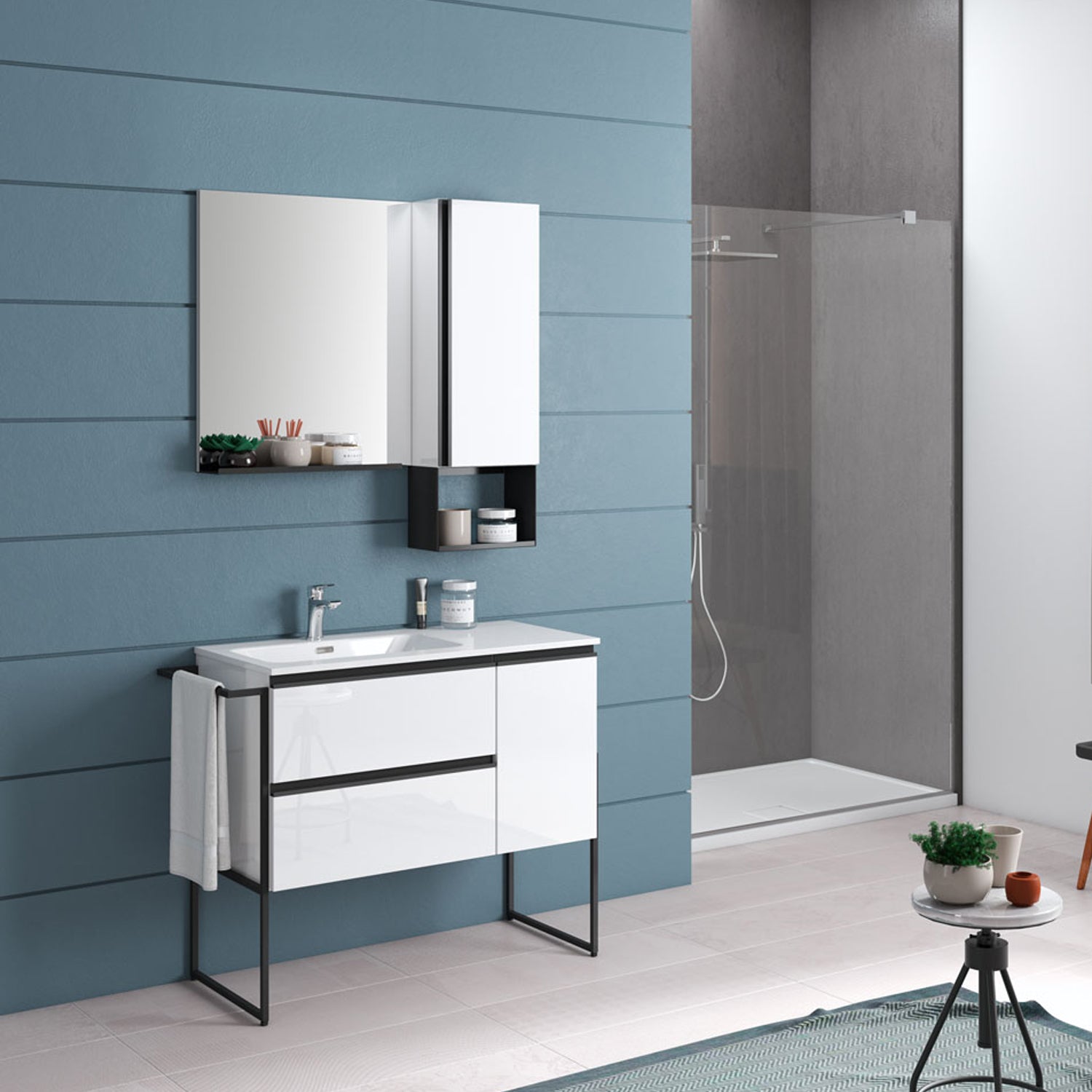 Composizione di mobili bagno con lavabo, pensile e specchio modello York08 100x46x190h cm Bianco Lucido by CeramicStore | Lo specialista del tuo bagno