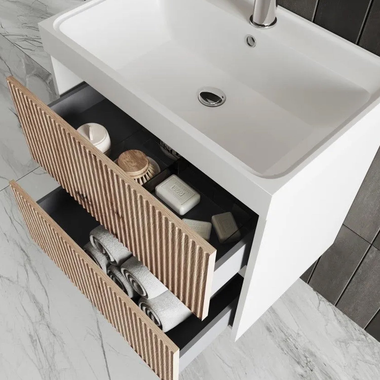 Mobile bagno sospeso cannettato con lavabo e specchio tondo cm 60 colore rovere oro - Cubi&Co Collezione Pure by CeramicStore | Lo specialista del tuo bagno