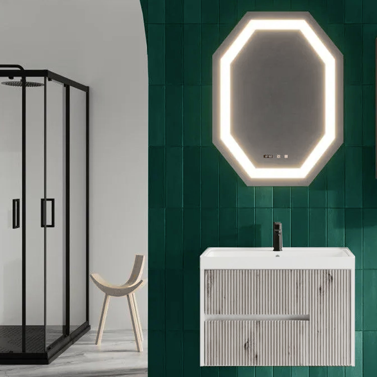 Wall-mounted ribbed bathroom cabinet with sink and octagonal mirror 80 ...