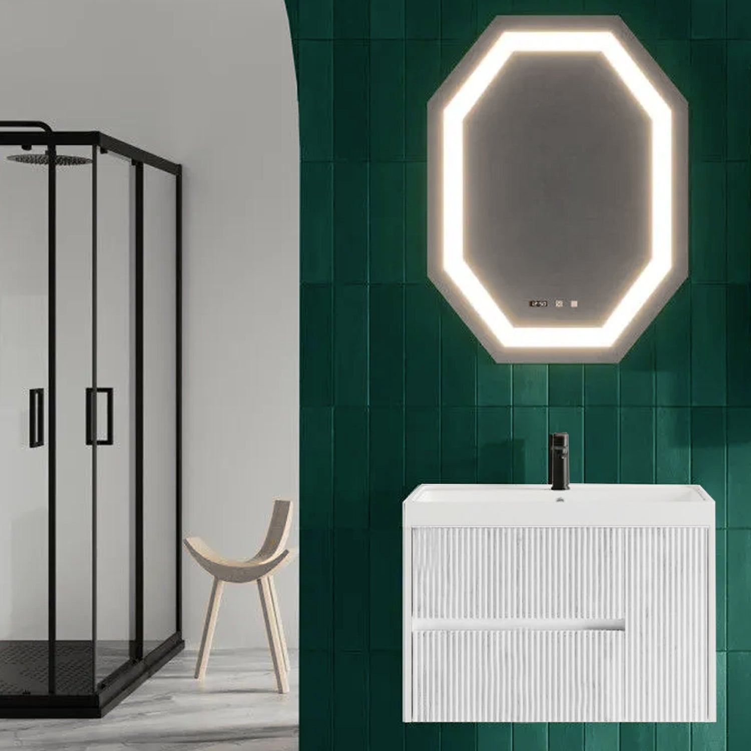 Mobile bagno sospeso cannettato con lavabo e specchio ottagonale cm 80 colore bianco opaco - Cubi&Co Collezione Pure by CeramicStore | Lo specialista del tuo bagno