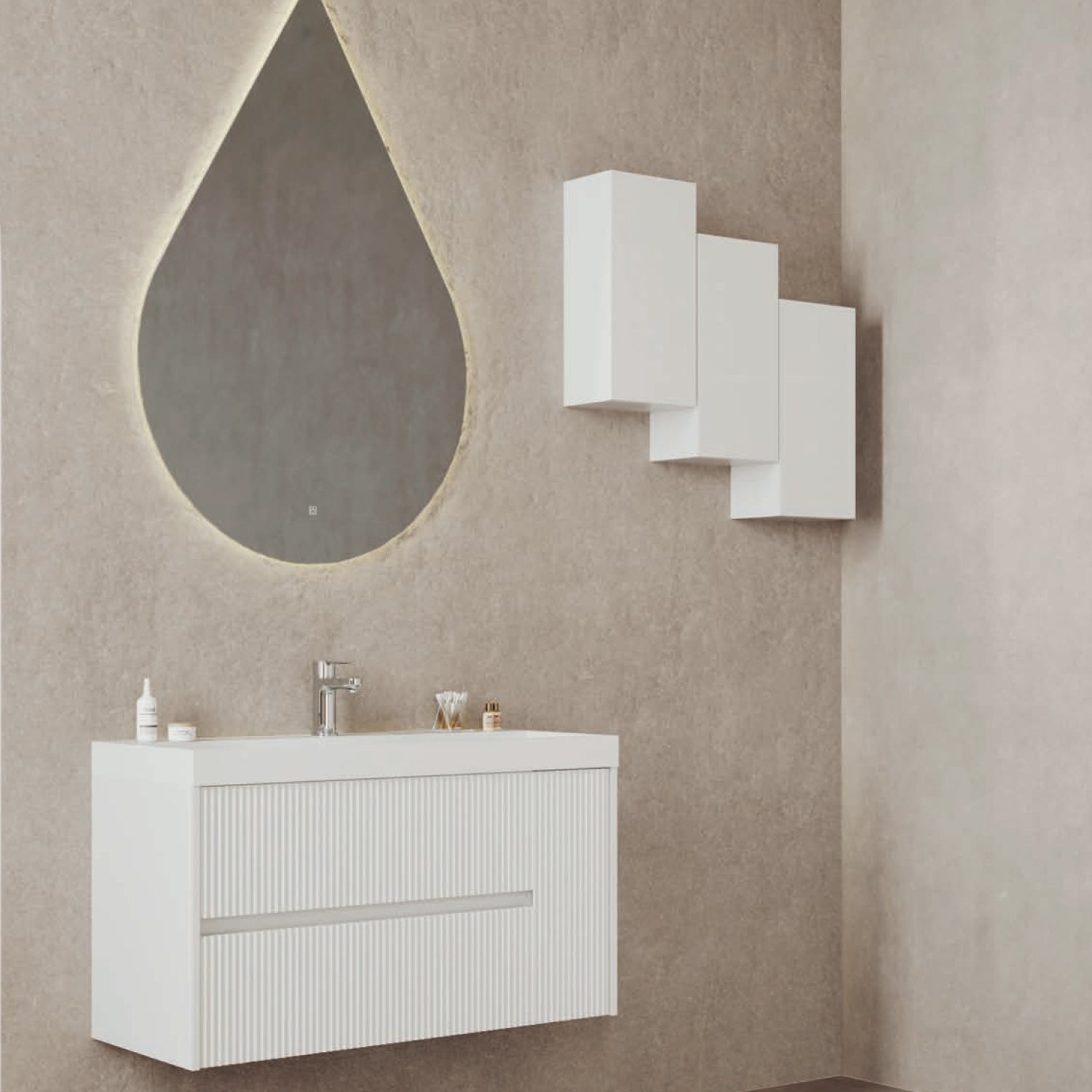 Mobile bagno sospeso cannettato con lavabo e specchio a goccia cm 100 colore bianco opaco - Cubi&Co Collezione Pure by CeramicStore | Lo specialista del tuo bagno